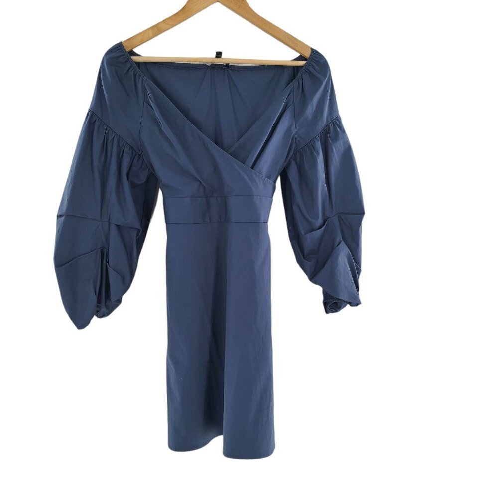 Express Wrap Dress Blue Off The Shoulder Cotton Surplice puff‎ sleeve SZ 4 nwot